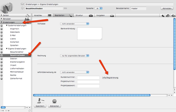 Screenshot: Einstellung der Bezahlmethode