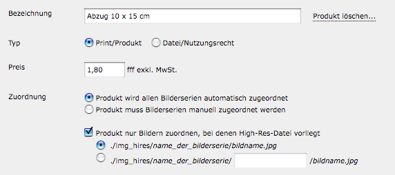 Screenshot Produktdefinition