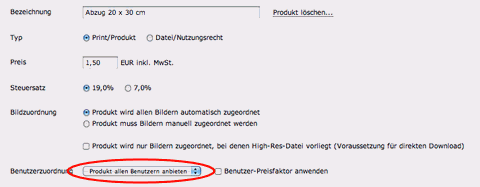 Screenshot Produktzuordnung